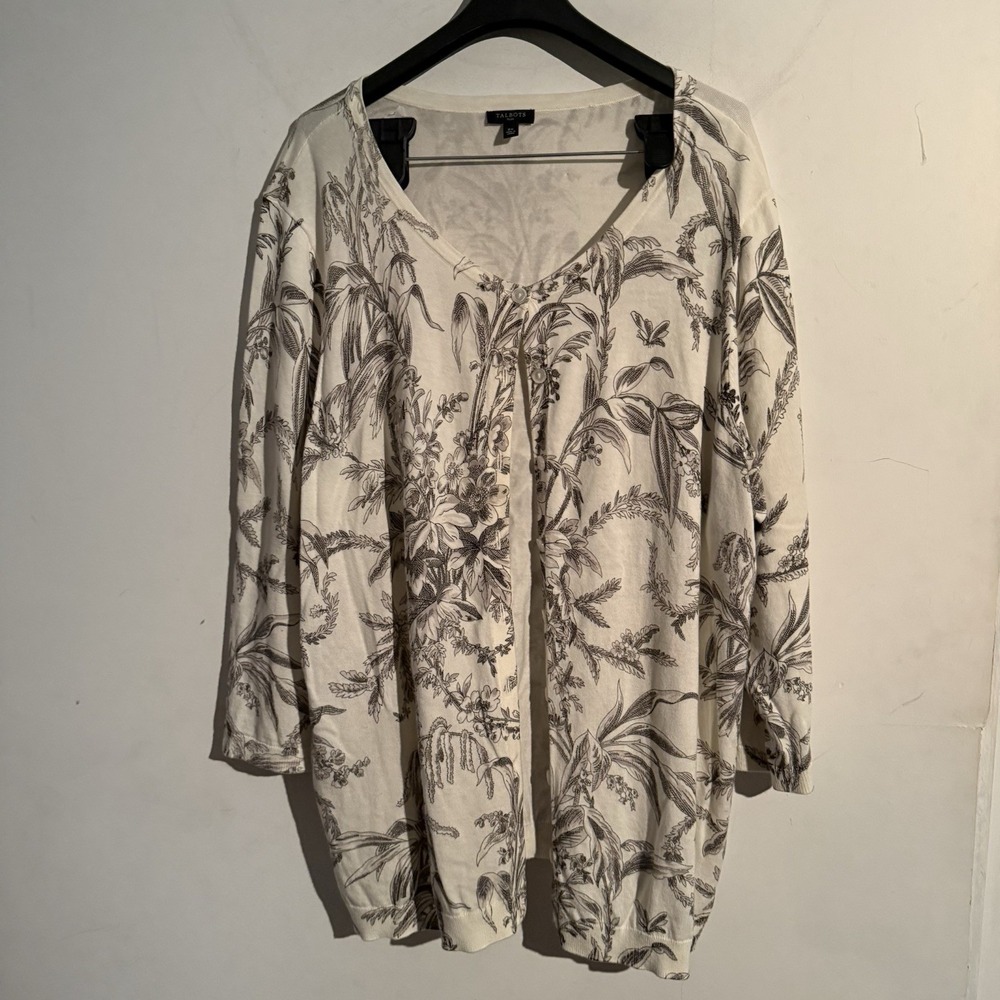 Talbot's Floral Leaf Cardigan Sweater Size 2X 3/4 Sleeve Romantic Spring Travel
